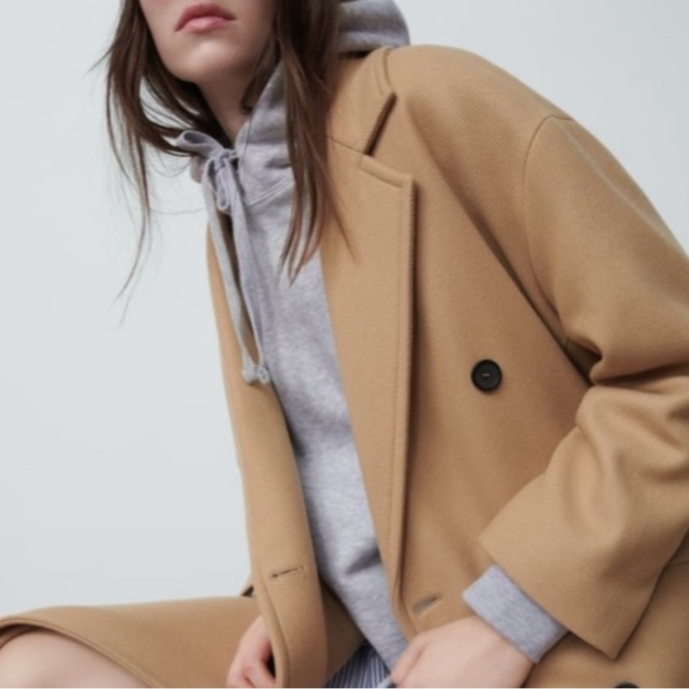 Zara Camel Brown Long Button Double Breasted Oversized Coat Size Small - Picture 7 of 7